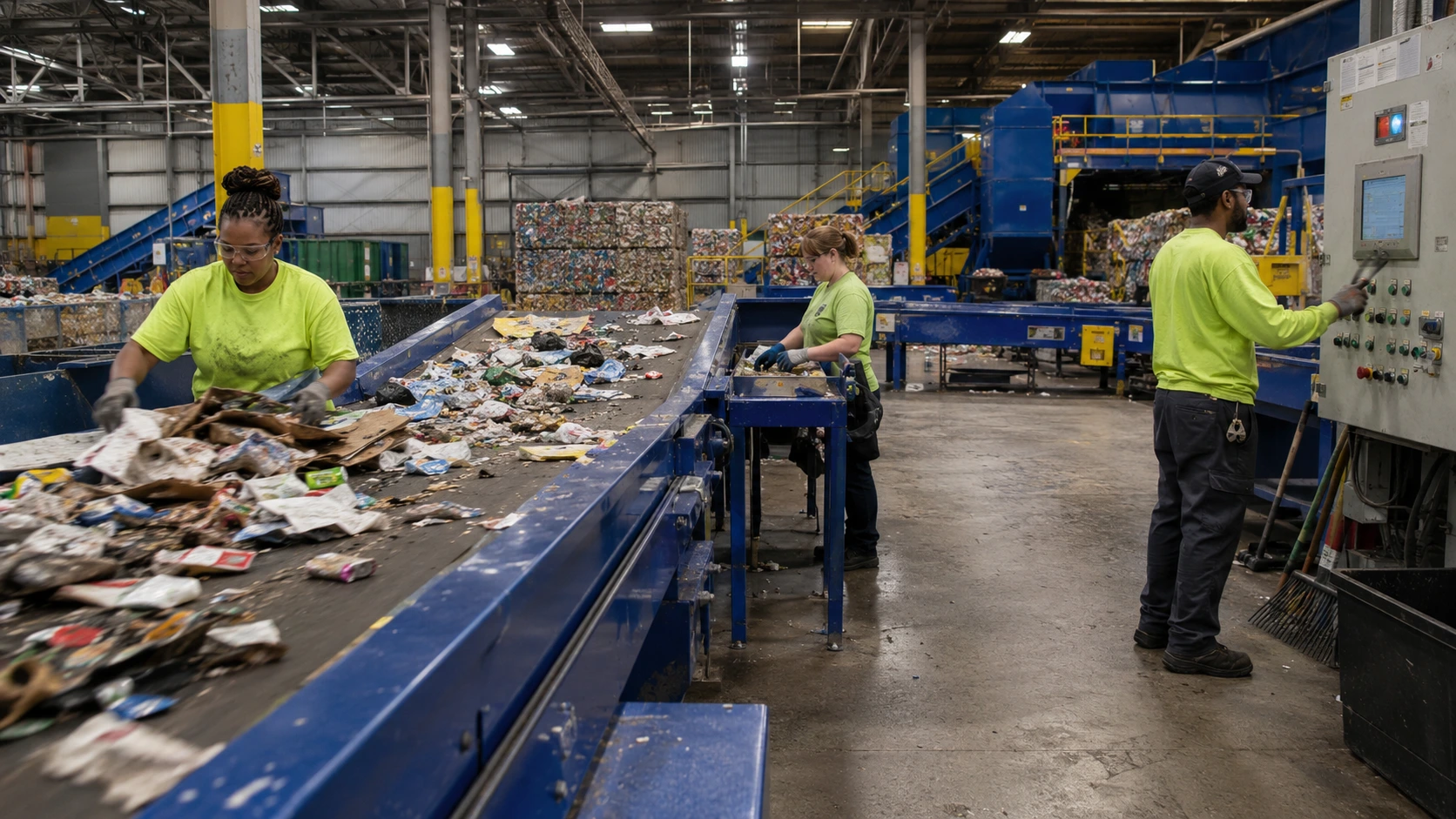 Diverse workers sorting recyclable material on conveyor lines inside a materials recovery facility.