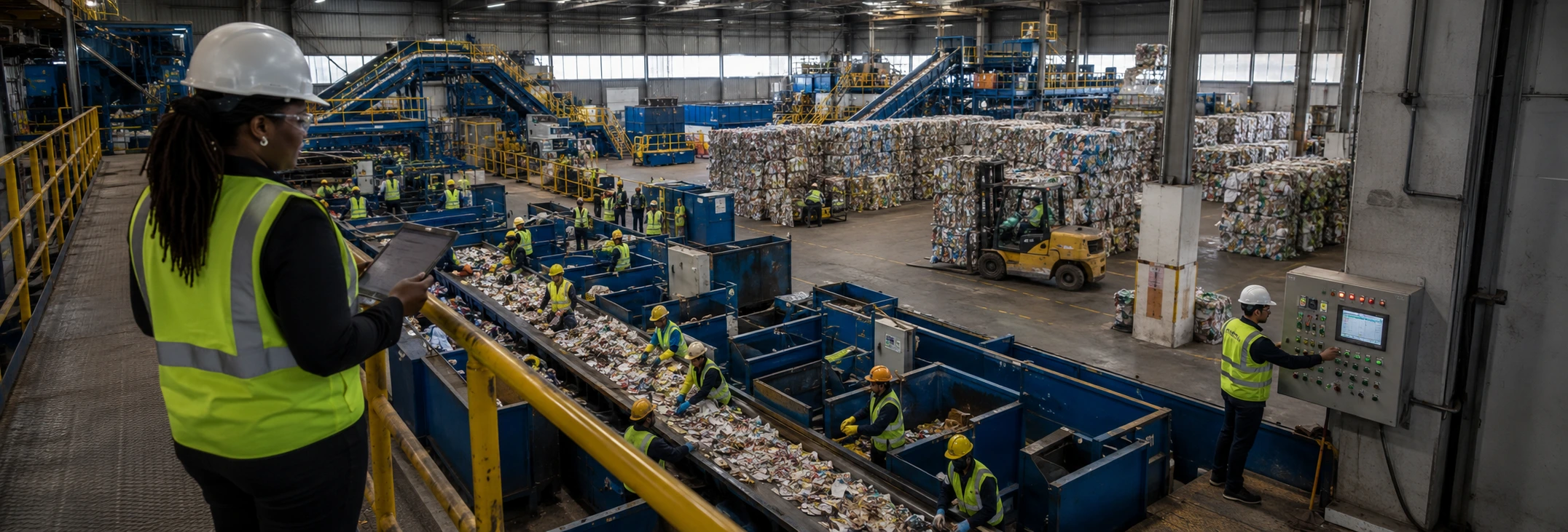 Interior of a large materials recovery facility with a supervisor overlooking diverse workers sorting on conveyor lines.