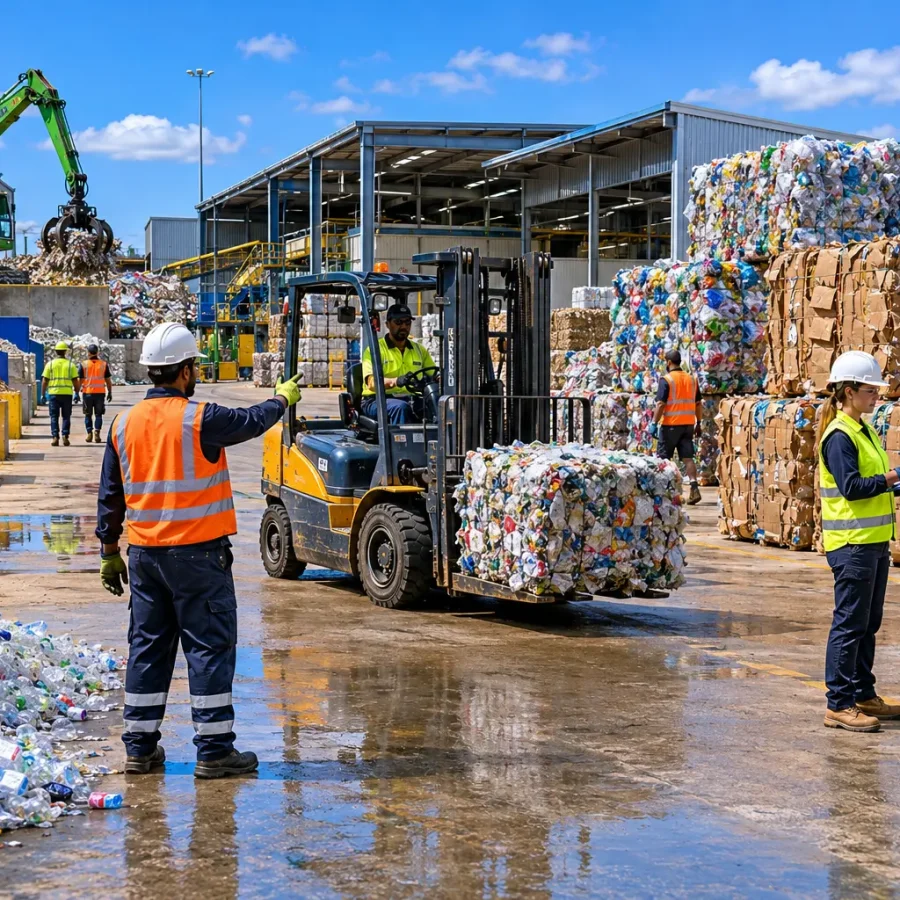 A worker directing a forklift moving baled recyclable material at a recovery facility.