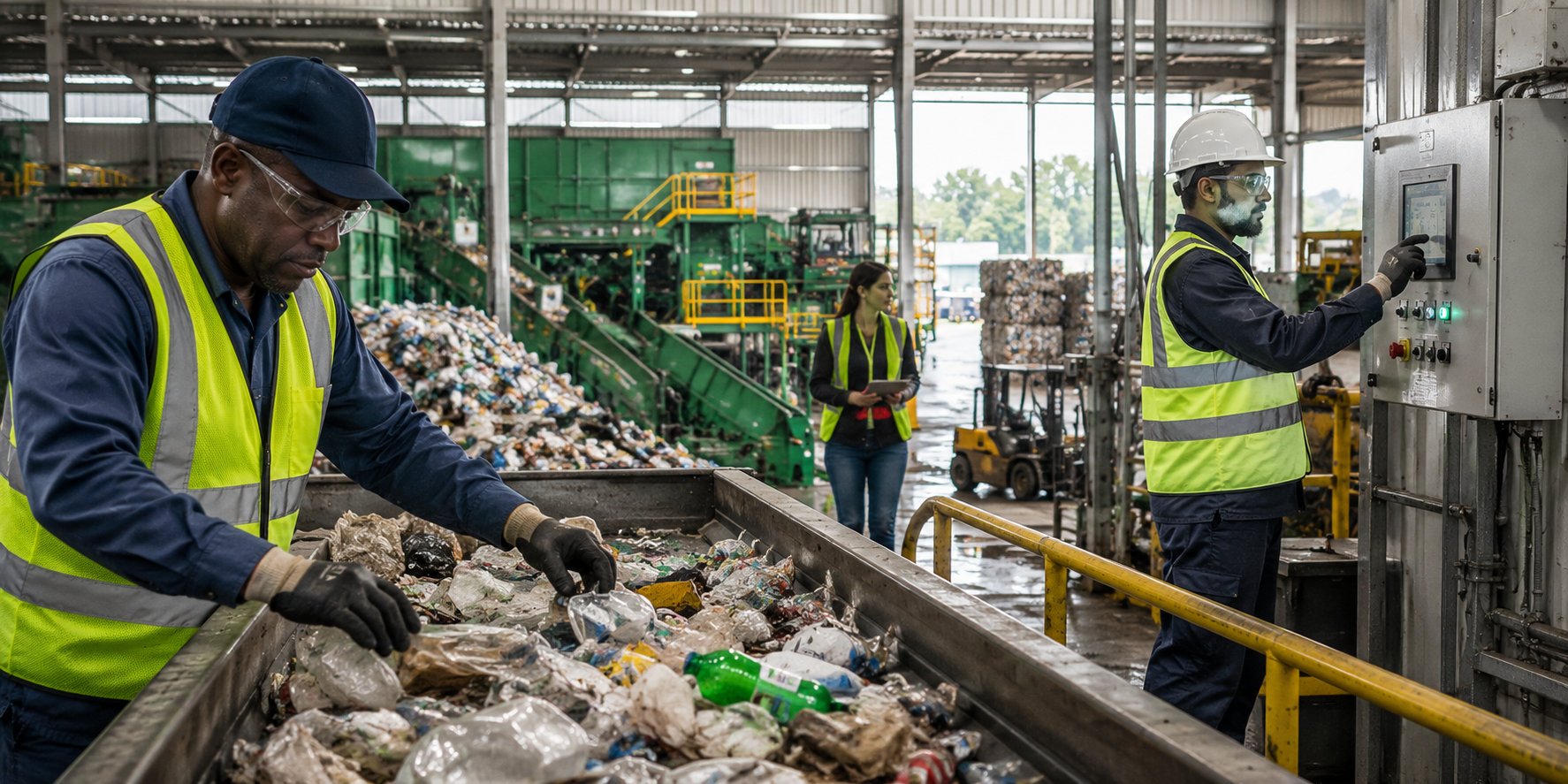 Workers in high-visibility vests sorting and processing recyclable material on a conveyor line at a recovery facility.