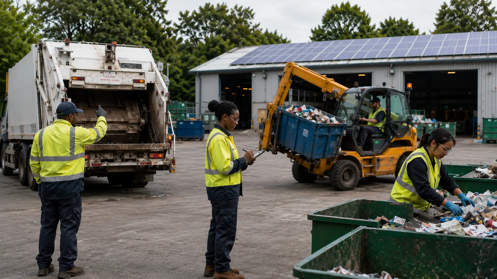 Diverse workers in high-visibility vests managing waste collection and sorting at a local depot.