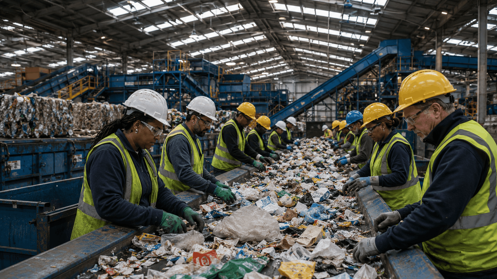 Workers in high-visibility vests sorting recyclable materials along a conveyor line at a recovery facility