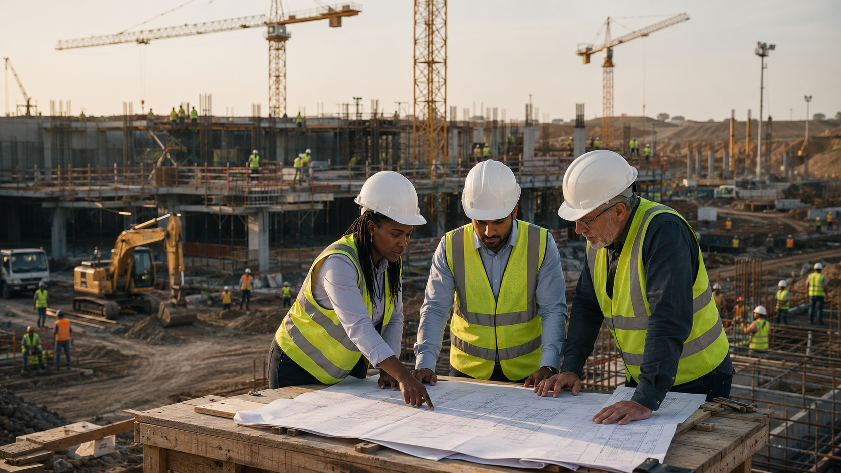 Engineers in high-visibility vests reviewing construction plans at an active infrastructure site.