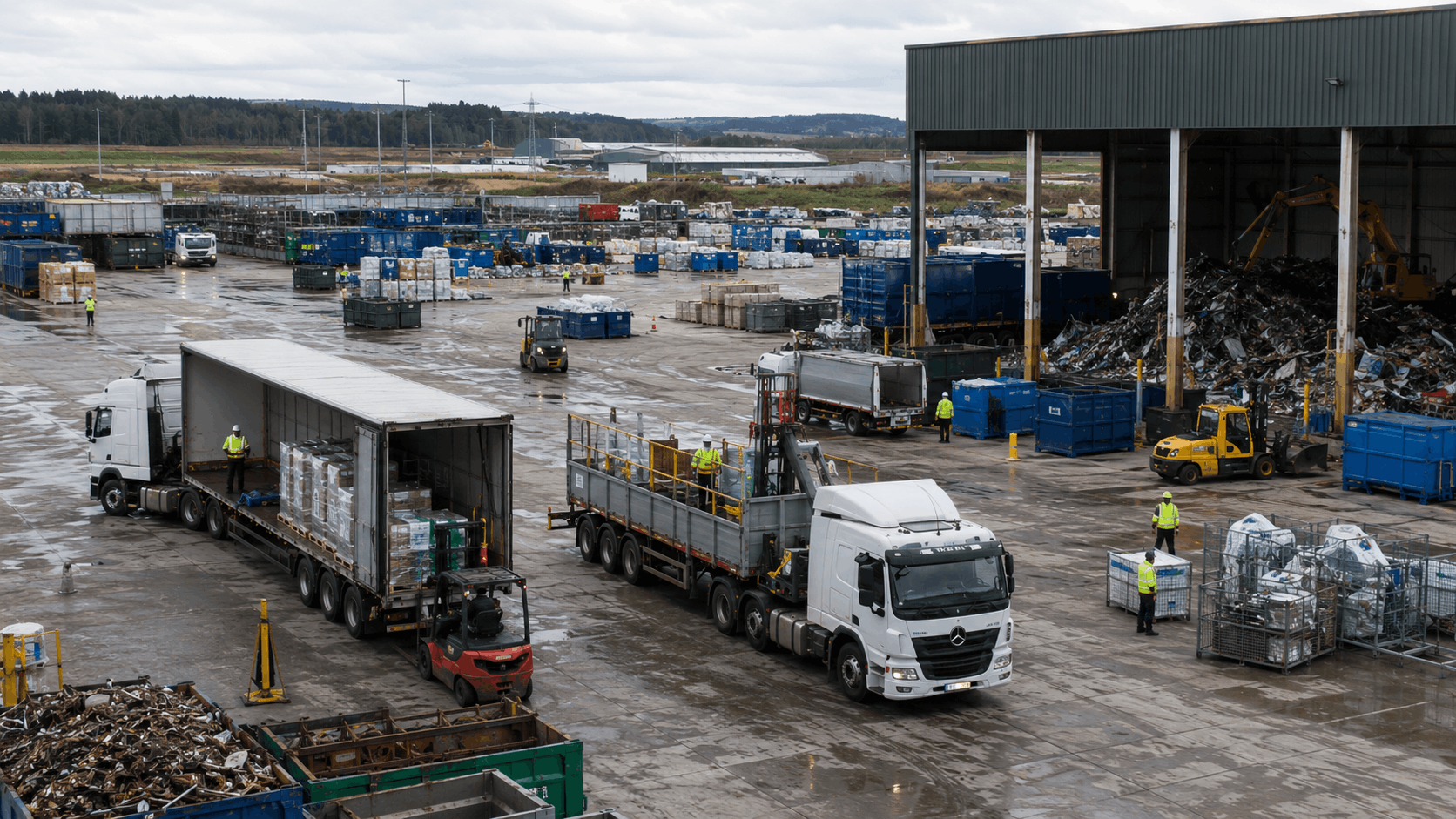 2 Wide operational image below the intro Trucks and containers being loaded with sorted materials at an industrial recovery and transfer yard Content