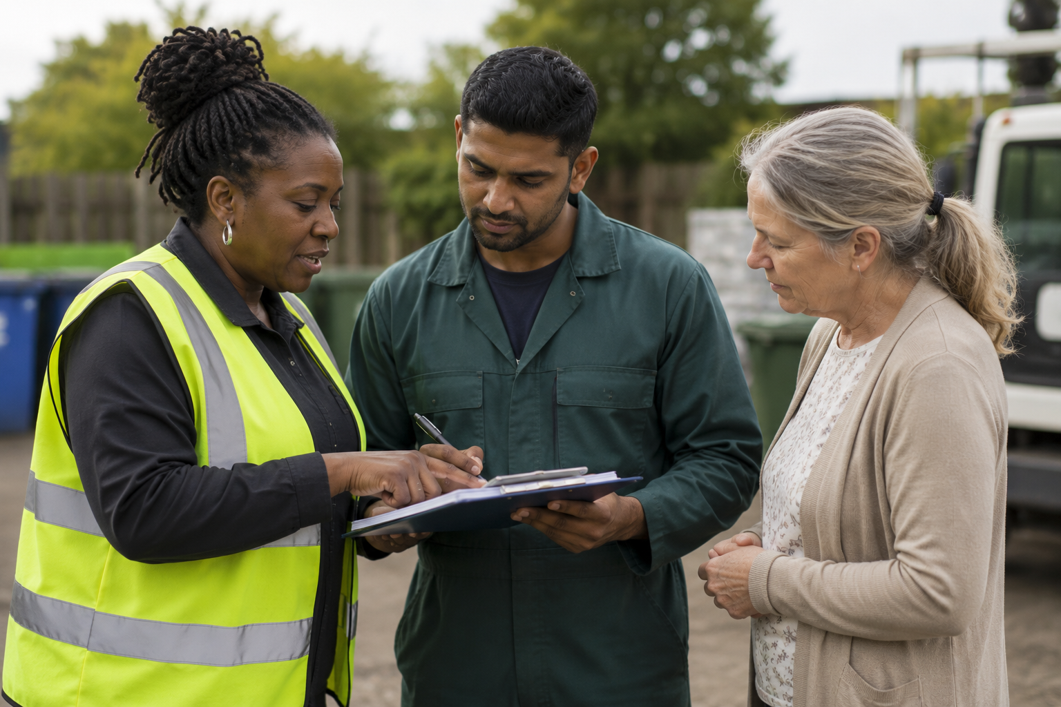 Three people reviewing information on a tablet together outdoors, representing organised participation.
