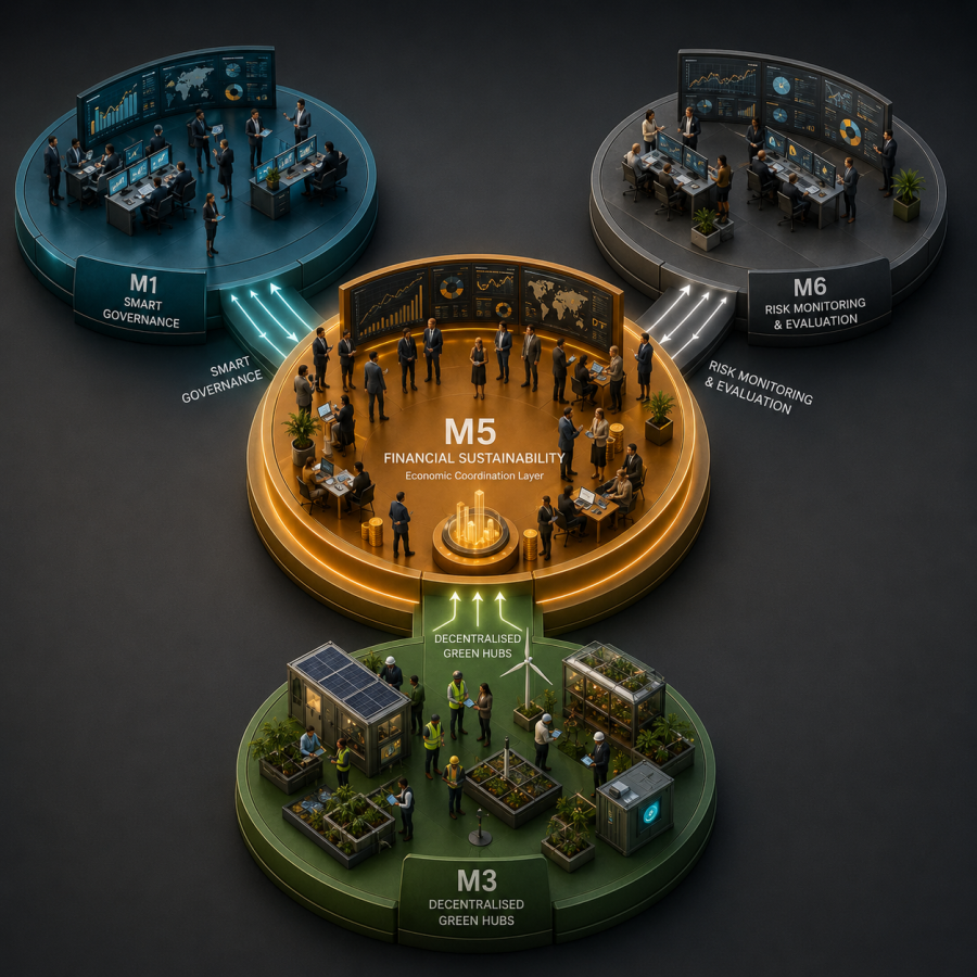 Diagram of Financial Sustainability (M5) as the capital alignment layer within the IGNI-S-CORE system, connecting to Smart Governance, Decentralised Green Hubs, and Risk Monitoring and Evaluation.