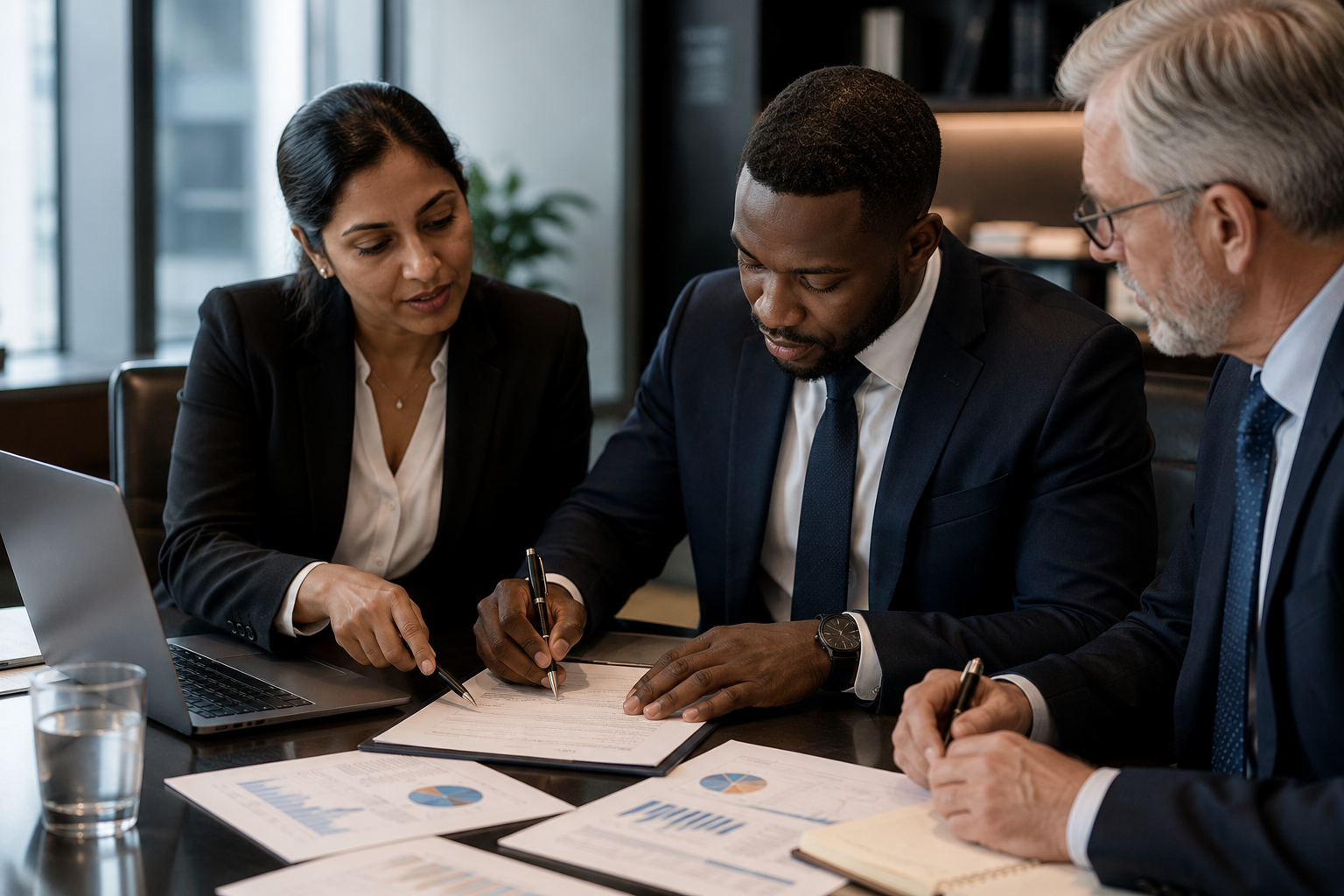 Two professionals reviewing financial data and system performance metrics on monitors in an operations environment.