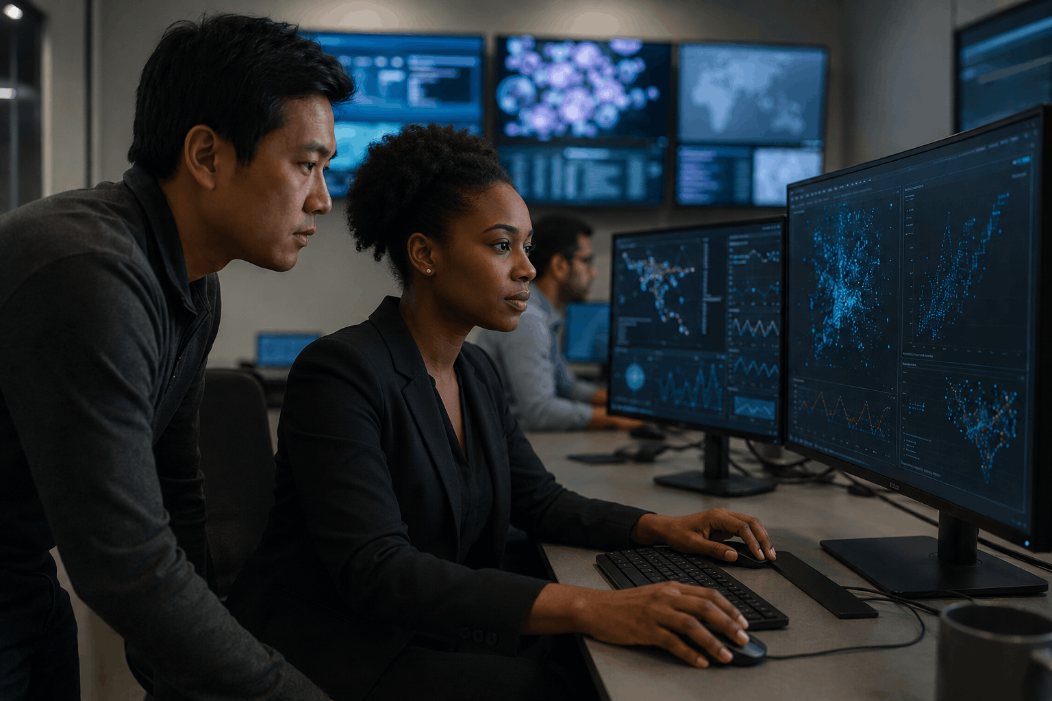 Two analysts monitoring system data on multiple screens in an operations centre