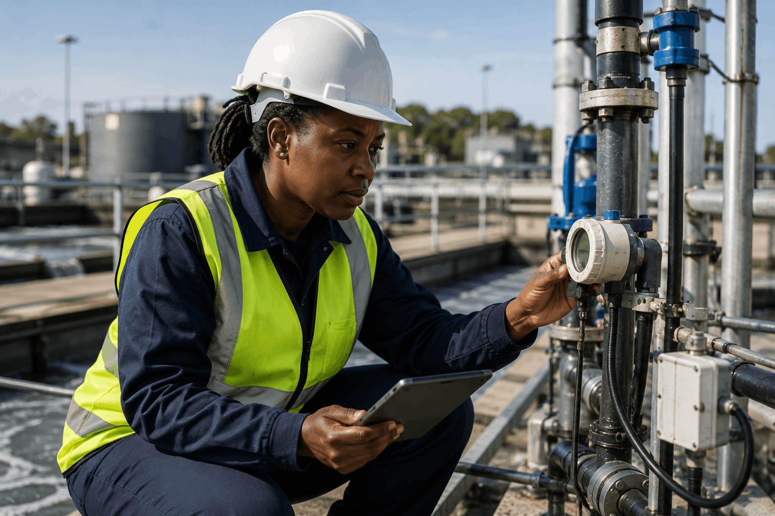 Site engineer in a high-visibility vest inspecting equipment with a tablet at an industrial facility