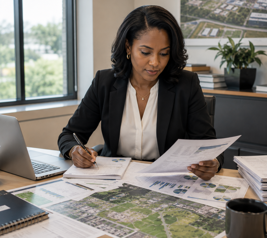 A professional reviewing reports and site plans at a desk, representing structured analysis from observation to understanding.