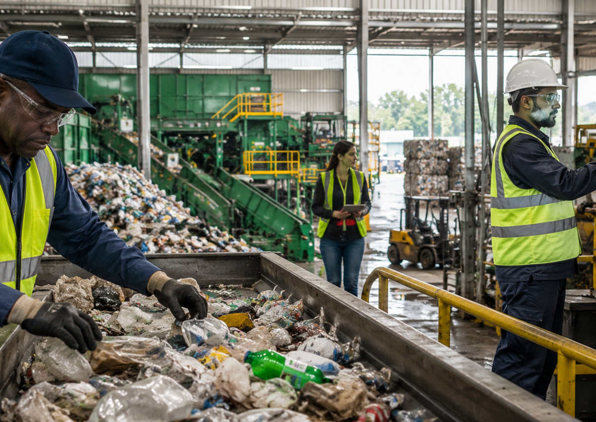 Workers in high-visibility vests sorting and processing recyclable material on a conveyor line at a recovery facility.