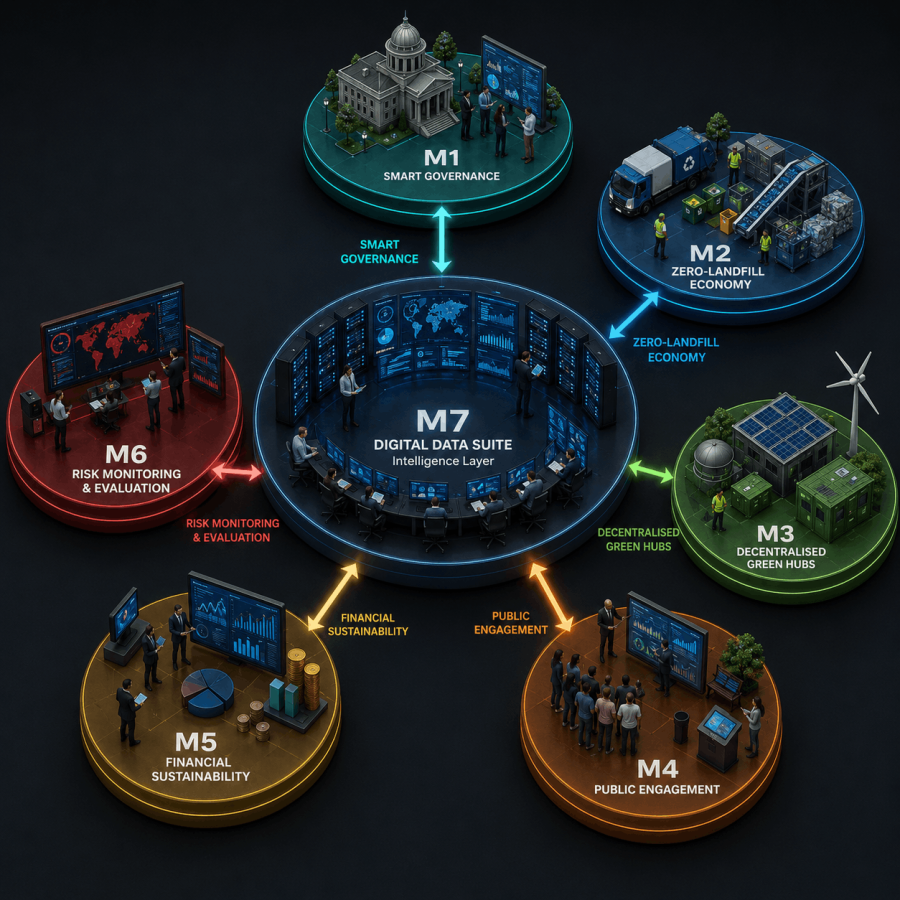 Diagram of the Digital Data Suite (M7) as the central intelligence layer connecting to Smart Governance (M1), Zero-Landfill Economy, Decentralised Green Hubs, Public Engagement, Financial Sustainability, and Risk Monitoring & Evaluation
