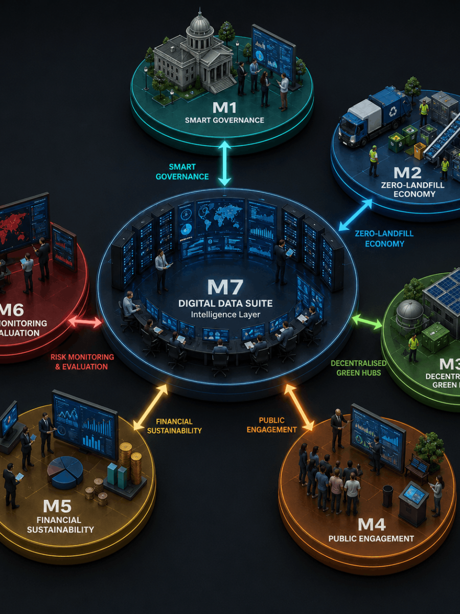 Diagram of the Digital Data Suite (M7) as the central intelligence layer connecting to Smart Governance (M1), Zero-Landfill Economy, Decentralised Green Hubs, Public Engagement, Financial Sustainability, and Risk Monitoring & Evaluation