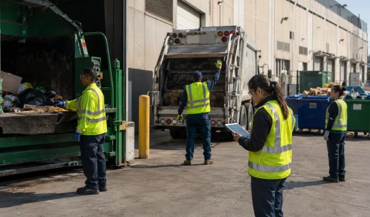 Workers in high-visibility vests managing waste collection at an industrial site.