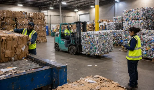A forklift moving baled material past stacked recovered goods inside a recovery facility.