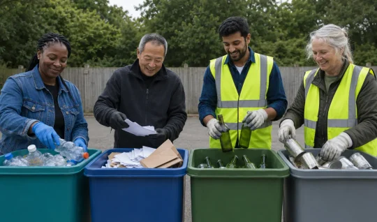A diverse group sorting recyclable material together at community recycling bins.