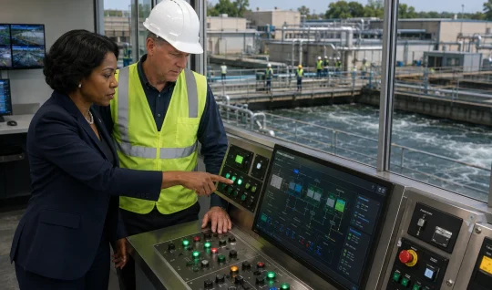 Two professionals reviewing controls at an operations console at a water or waste facility.