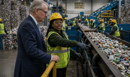 An executive and a worker in a high-visibility vest discussing operations at a recycling facility.