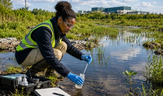 A worker in a high-visibility vest taking a water sample at an environmental field site.
