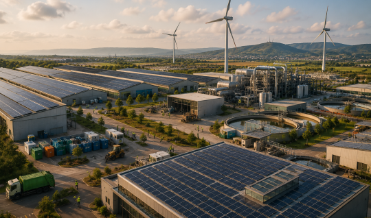 Aerial view of a large-scale circular economy investment site.