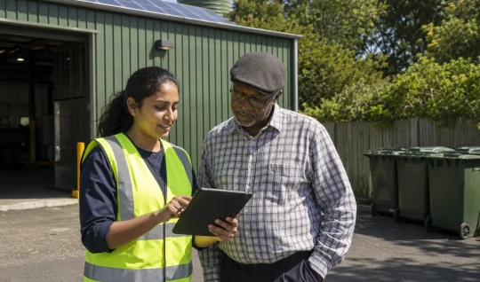 Two people reviewing a tablet at a depot, representing public-facing engagement at a local facility.