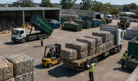 A forklift moving baled material past a truck at a distributed infrastructure depot.