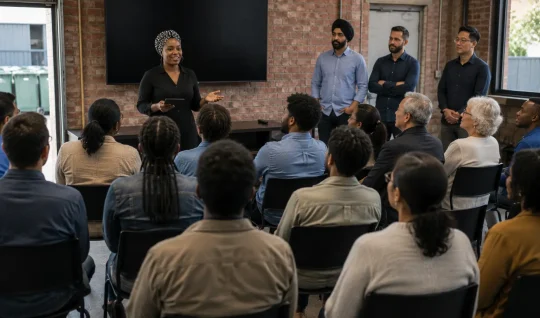 A presenter addressing a seated audience at a participation and onboarding session.