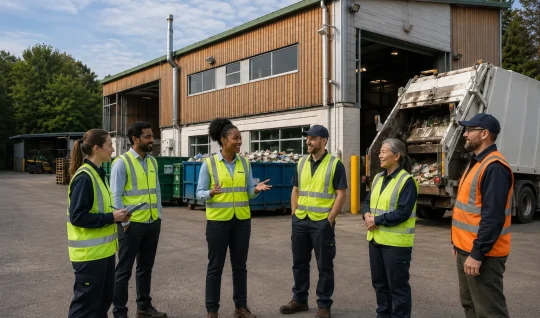 A diverse team in high-visibility vests meeting at a local execution centre.