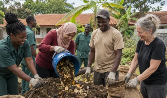 A diverse community group working together at an outdoor composting and recovery site.