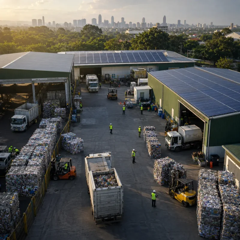 Aerial view of an active materials recovery yard with baled material, trucks, and forklifts.