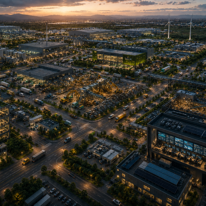 Aerial view of urban infrastructure and development sites at dusk, representing coordinated capital deployment across circular economy systems.