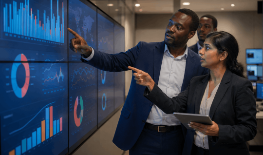 Analysts tracking operational performance against benchmarks on screen