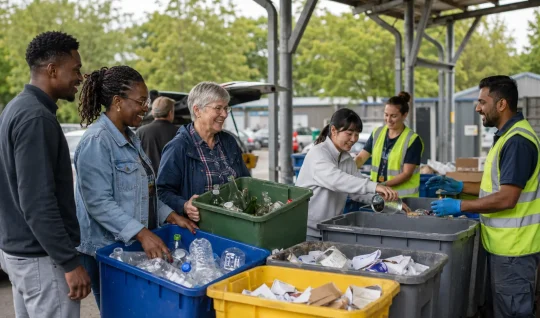 A diverse team in high-visibility vests meeting at a local execution centre.