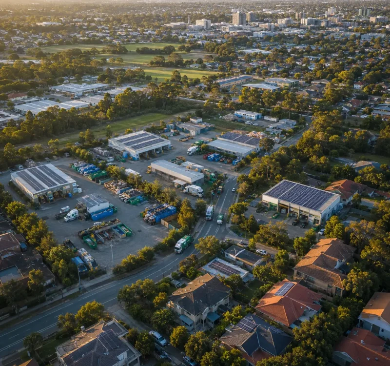 Aerial view of a suburban and light-industrial area with solar-roofed depots at sunset.