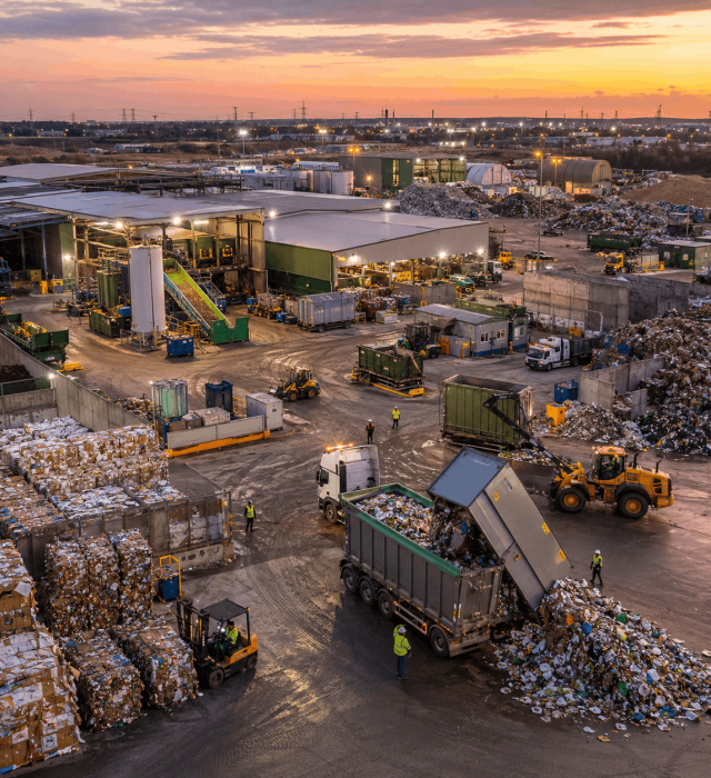 Aerial view of an active waste recovery and material processing facility at dusk, with sorting bays, heavy vehicles, and floodlighting in operation.