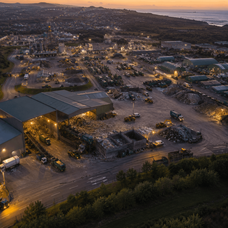 Aerial night view of a city with illuminated infrastructure, representing system-wide data visibility and coordinated digital intelligence across urban environments.