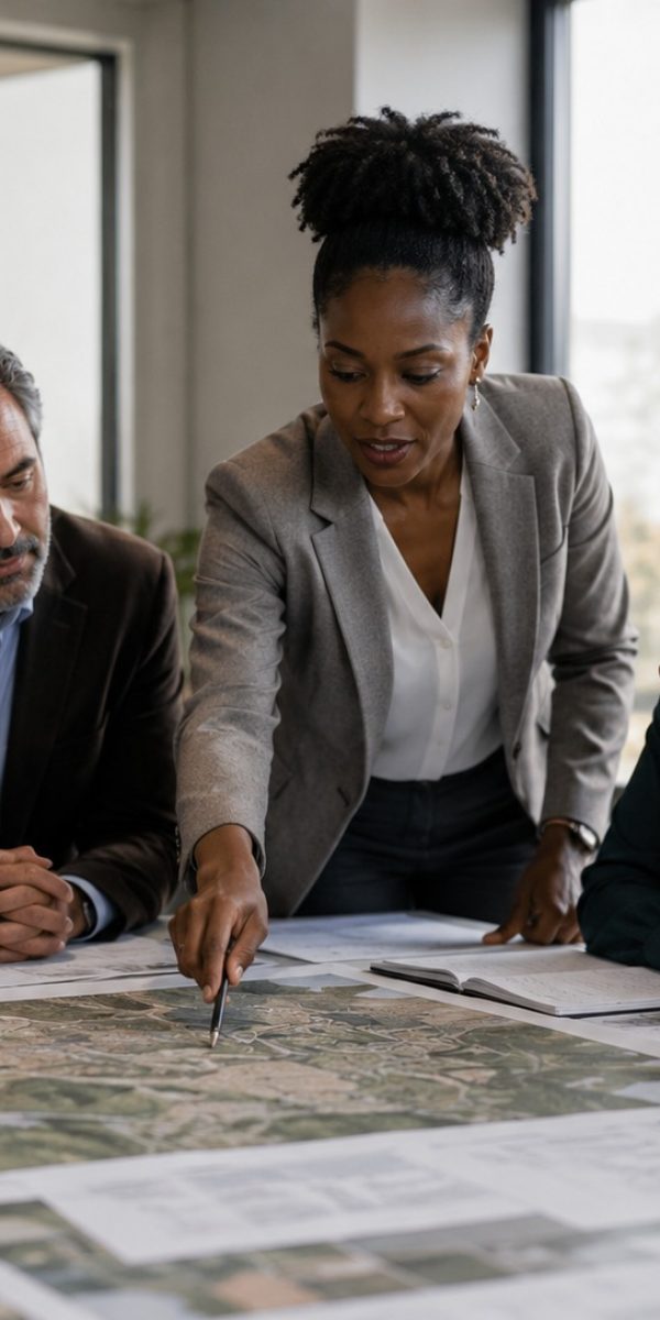 A diverse group of professionals reviewing project plans together around a table