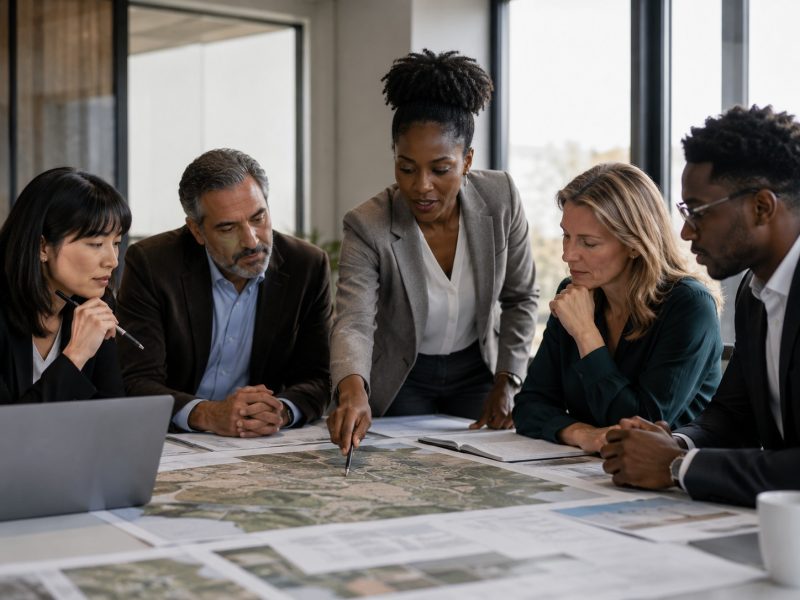 A diverse group of professionals reviewing project plans together around a table