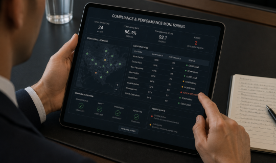 Close view of hands using a tablet showing a governance and performance dashboard.
