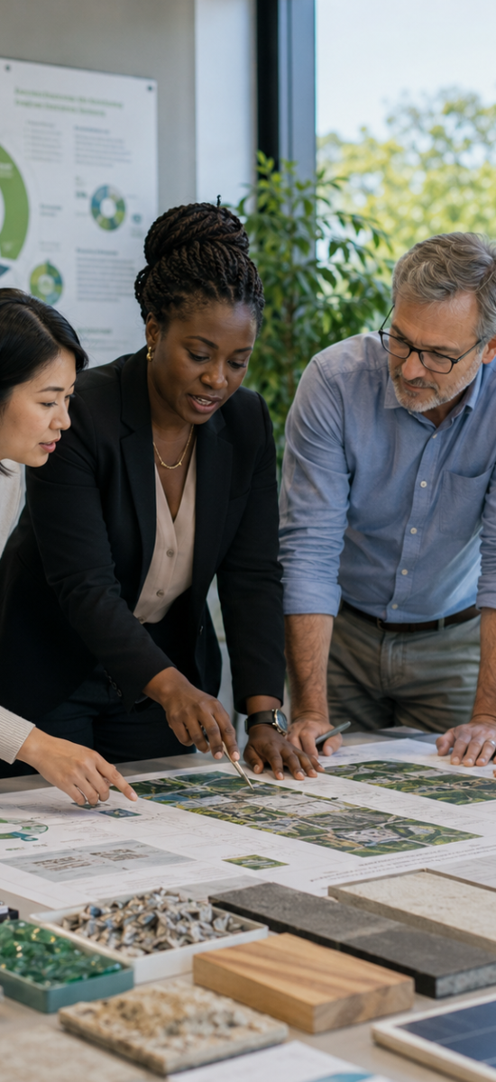 A diverse team gathered around a table reviewing plans and material samples in a bright workspace.