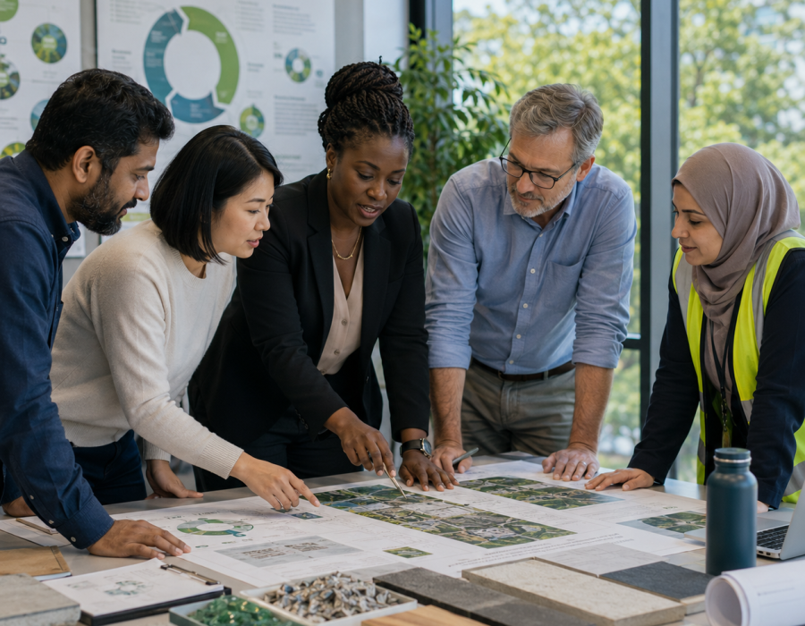 A diverse team gathered around a table reviewing plans and material samples in a bright workspace.