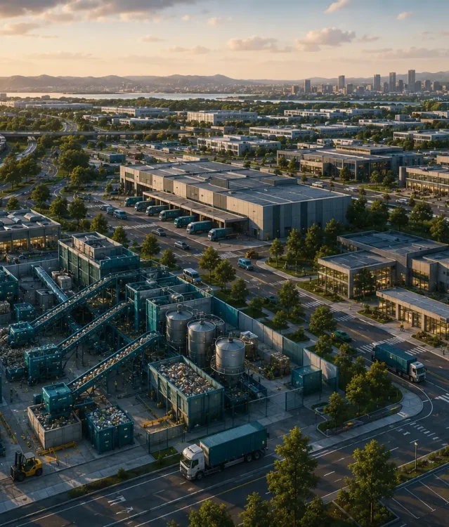 Aerial view of a circular economy campus at dusk, with processing buildings and surrounding greenery.