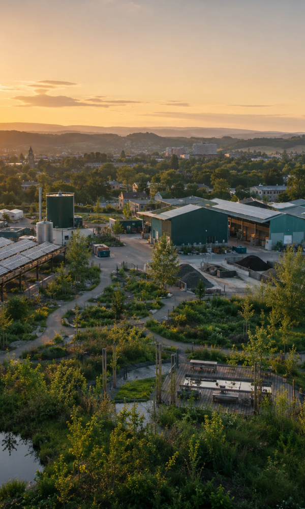 Aerial view of a circular economy campus with solar panels, facility buildings, and surrounding greenery at sunset