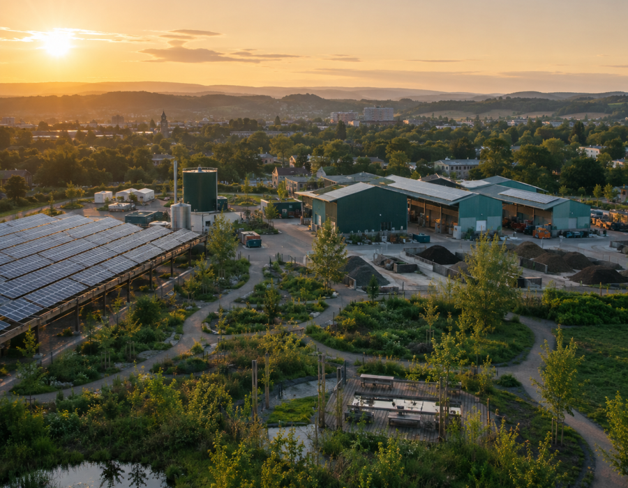 Aerial view of a circular economy campus with solar panels, facility buildings, and surrounding greenery at sunset